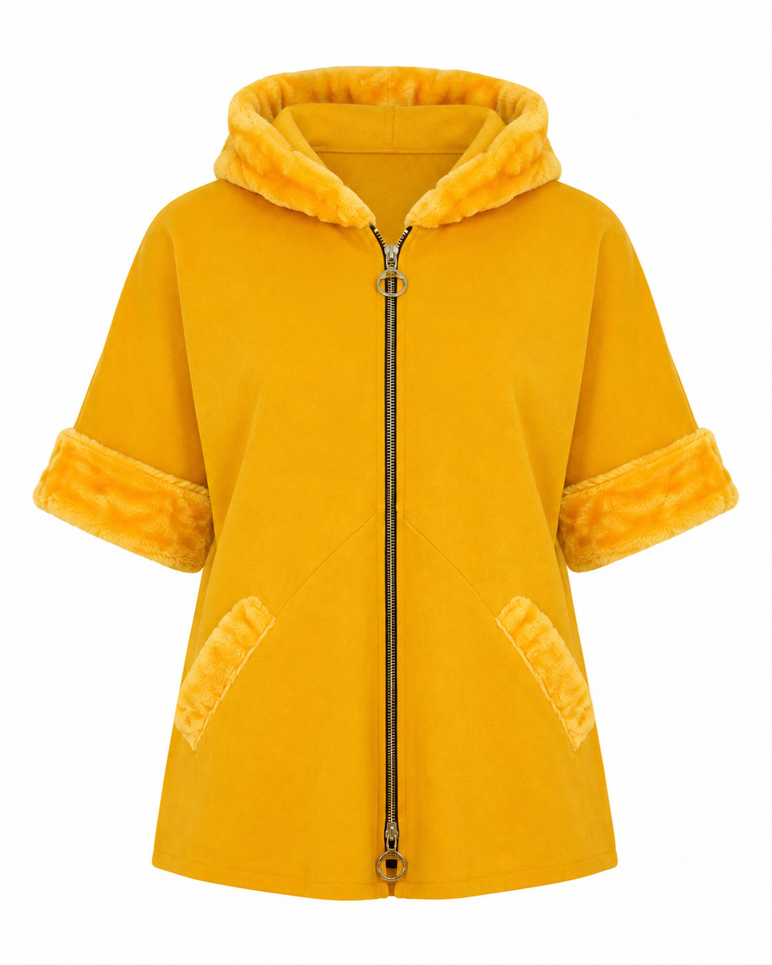 ReServed LABELS mustard yellow hooded zip jacket in UK size 2XL, featuring soft faux-fur detailing, front pockets and a stylish casual design.