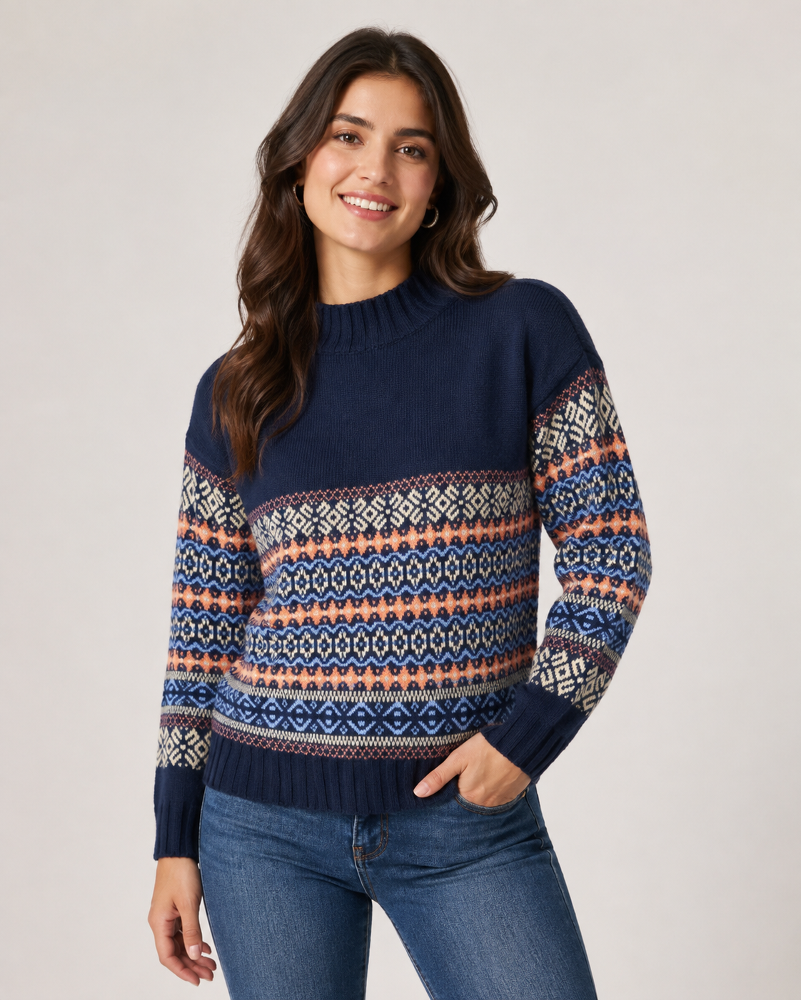  ReServed LABELS navy Fair Isle knit sweater in UK 2XL. Stylish women's mock neck jumper with geometric blue, cream and orange pattern, perfect for winter.