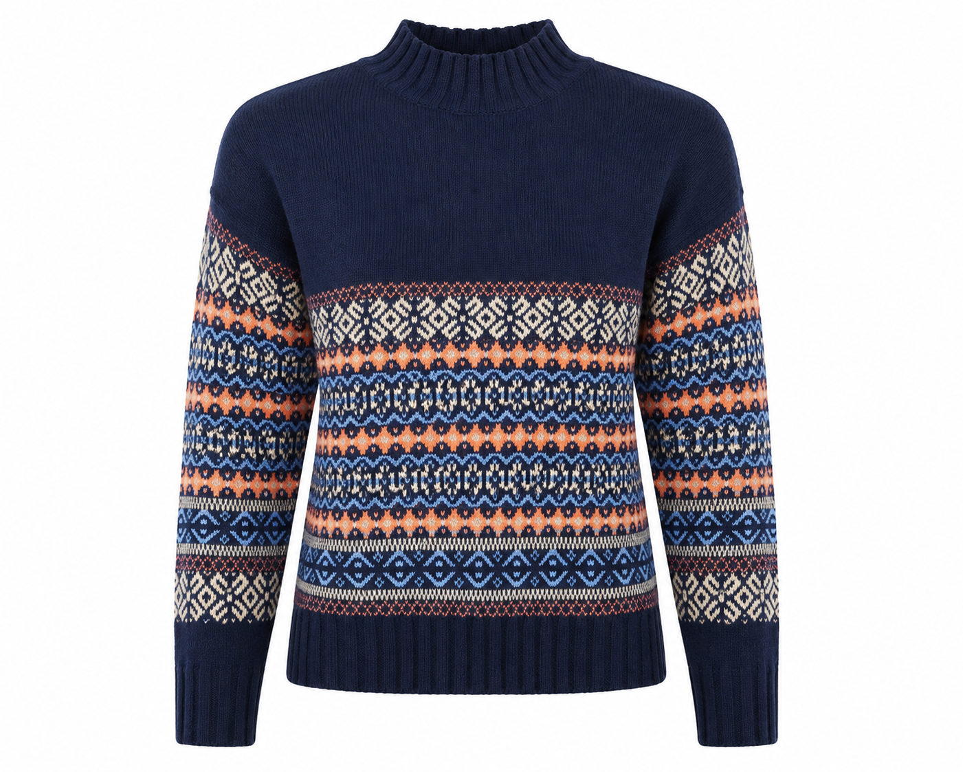  ReServed LABELS navy Fair Isle knit sweater in UK 2XL. Stylish women's mock neck jumper with geometric blue, cream and orange pattern, perfect for winter.