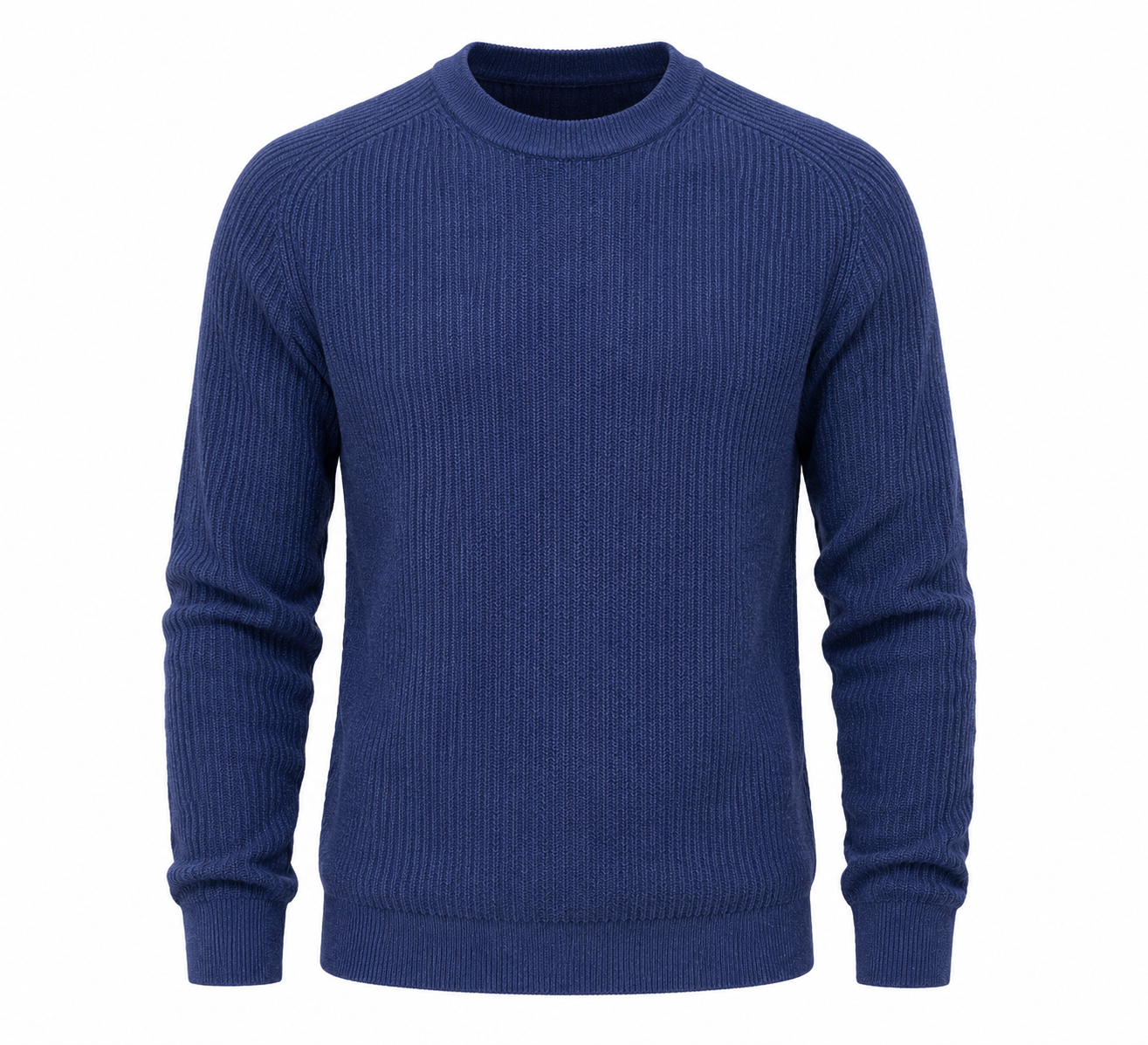  ReServed LABELS Navy Ribbed Crew Neck Jumper in UK Size M. Stylish long-sleeve men's knitwear with a classic design, perfect for casual and smart-casual outfits.