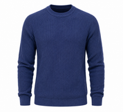  ReServed LABELS Navy Ribbed Crew Neck Jumper in UK Size M. Stylish long-sleeve men's knitwear with a classic design, perfect for casual and smart-casual outfits.