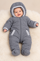 ReServed LABELS Newborn Baby Grey Quilted Hooded Snowsuit with Zip & Footies