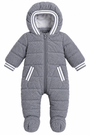 ReServed LABELS Newborn Baby Grey Quilted Hooded Snowsuit with front zip, cosy padding and enclosed footies. Perfect winter outfit for newborns.