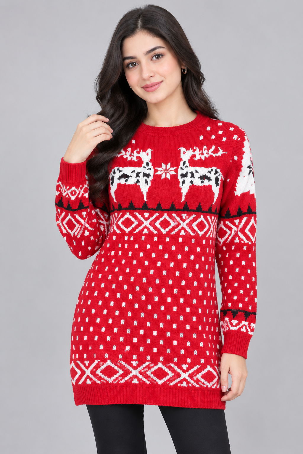  ReServed LABELS red Nordic knitted jumper dress in UK Size M. Featuring festive reindeer and snowflake patterns, long sleeves and a cosy winter design.