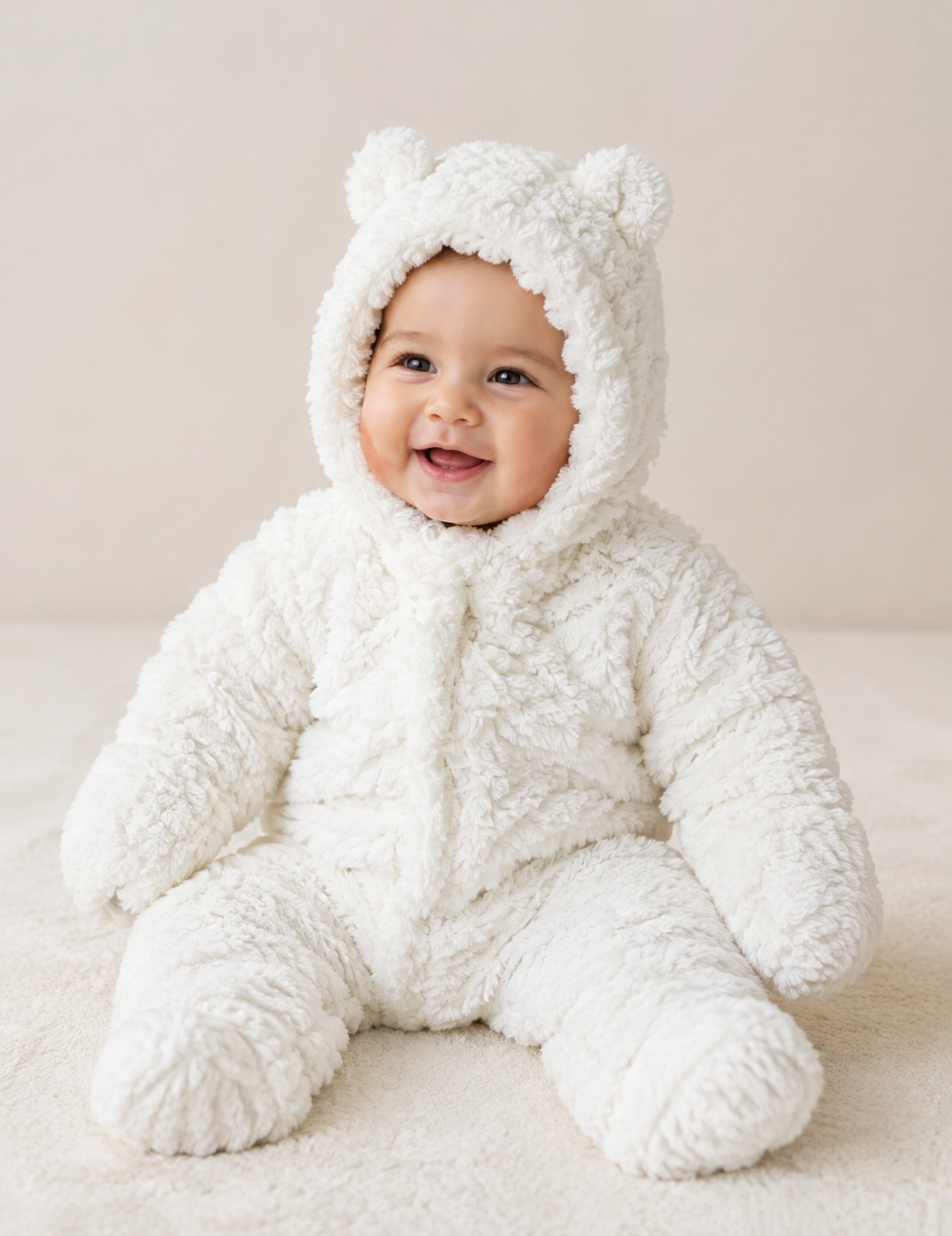  Re Served Labels white teddy bear baby sleepsuit for 5–6 months. Soft fluffy fleece, hooded design and covered feet for cosy baby comfort.