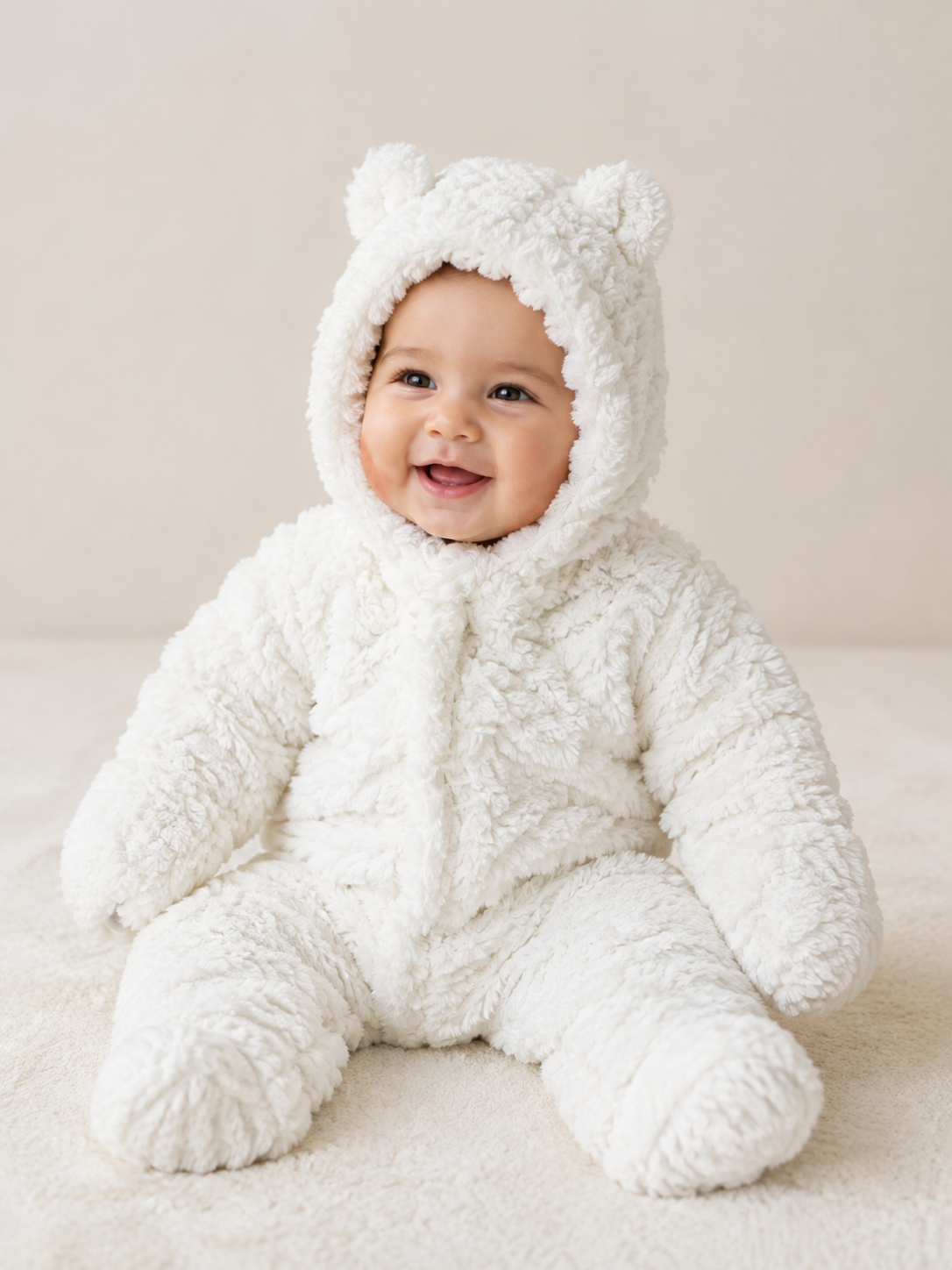  Re Served Labels white teddy bear baby sleepsuit for 5–6 months. Soft fluffy fleece, hooded design and covered feet for cosy baby comfort.