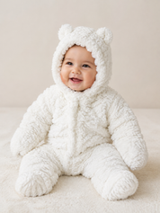  Re Served Labels white teddy bear baby sleepsuit for 5–6 months. Soft fluffy fleece, hooded design and covered feet for cosy baby comfort.