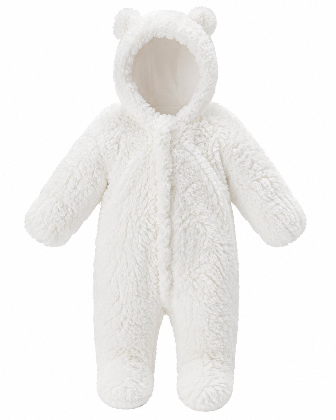 Re Served Labels white teddy bear baby sleepsuit for 5–6 months. Soft fluffy fleece, hooded design and covered feet for cosy baby comfort.