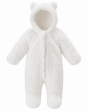 Re Served Labels white teddy bear baby sleepsuit for 5–6 months. Soft fluffy fleece, hooded design and covered feet for cosy baby comfort.