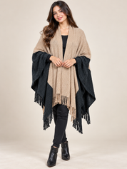  ReServed Labels Women's Beige & Black Knitted Poncho Shawl in UK Size M. Stylish colour block design, open front and tassel fringe detailing.