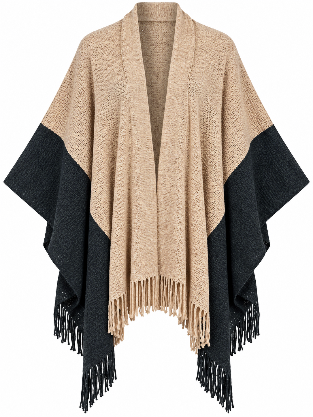  ReServed Labels Women's Beige & Black Knitted Poncho Shawl in UK Size M. Stylish colour block design, open front and tassel fringe detailing.