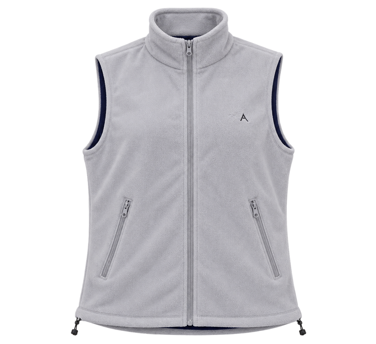 ReServed Labels women’s light grey fleece vest in UK Size M. Soft sleeveless zip-up gilet with high collar and zip pockets for comfortable layering.