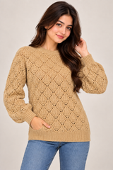 RESERVED LABELS Women Beige Openwork Knit Sweater