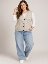 ReServed LABELS Women Beige Speckled Cable Knit Sleeveless Cardigan Vest