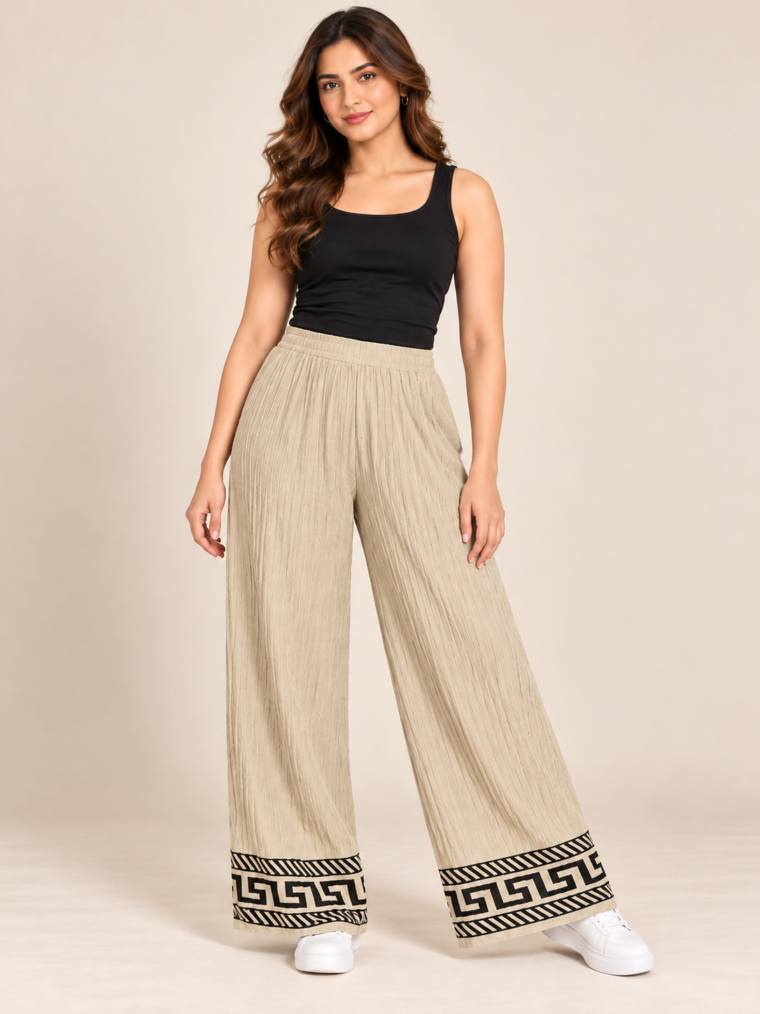 RESERVED LABELS beige wide leg trousers in UK 3XL. Waist 36", length 42". Elastic waist, crinkled texture and stylish black geometric hem.