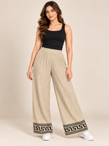 RESERVED LABELS Women Beige Wide Leg Trousers with Geometric Border