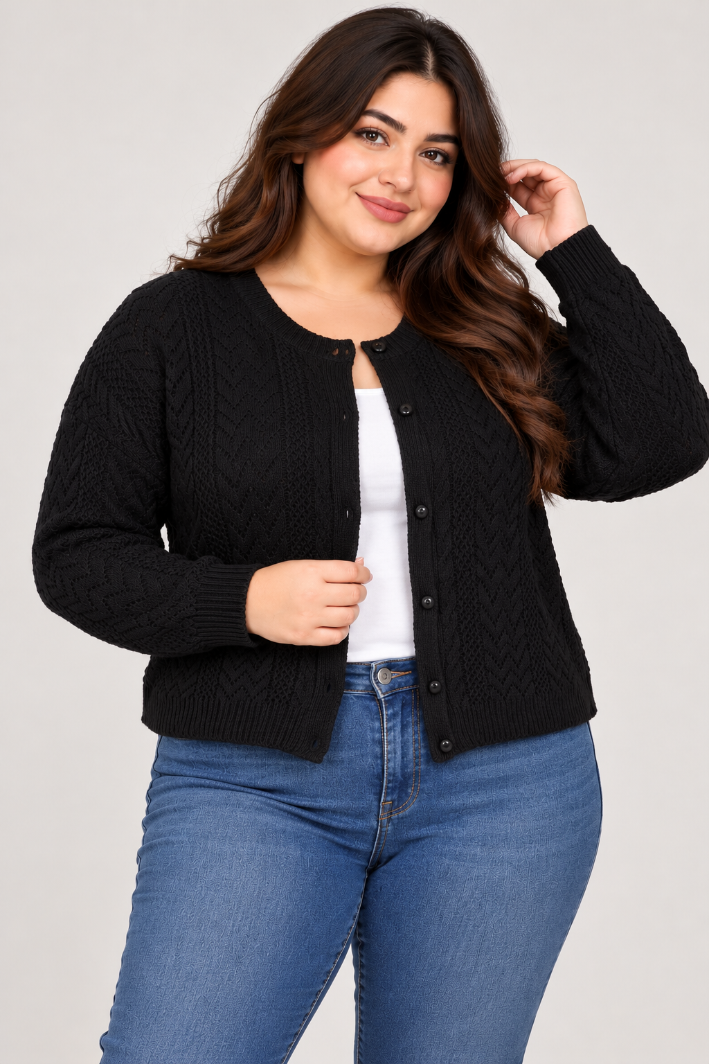 RESERVED LABELS Women's Black Cable Knit Cardigan in UK Size 4XL. Stylish plus-size button-up knitwear, perfect for casual wear and layering.