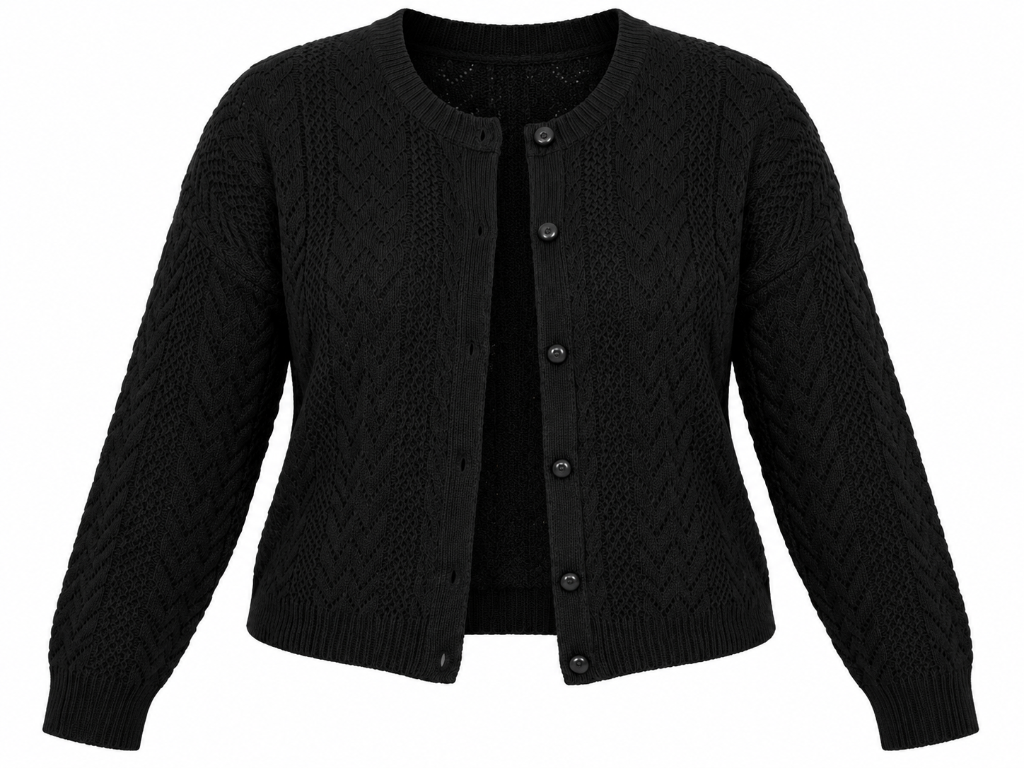 RESERVED LABELS Women's Black Cable Knit Cardigan in UK Size 4XL. Stylish plus-size button-up knitwear, perfect for casual wear and layering.