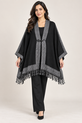 ReServed LABELS Women Black Cape Shawl with Herringbone Trim