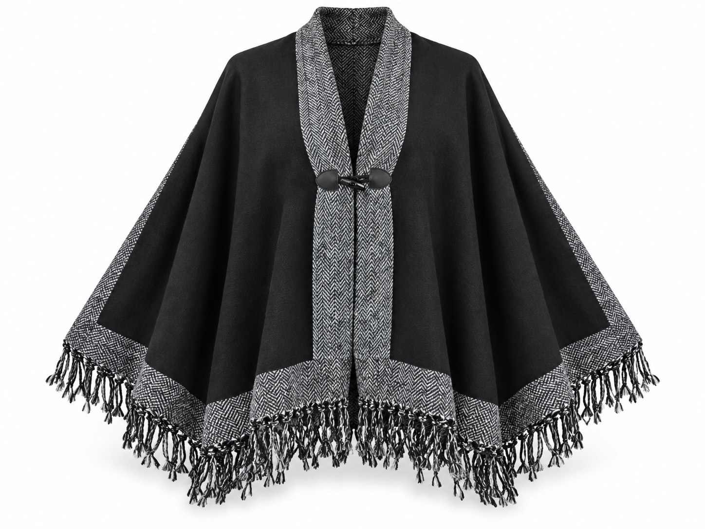  ReServed LABELS women’s black cape shawl in UK L, featuring grey herringbone trim, a toggle fastening and a fringed hem for elegant layering.