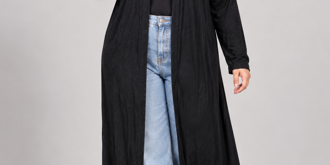 RESERVED LABELS Women's Black Longline Open Front Cardigan in UK 3XL. Ribbed maxi duster, 24" chest and 50" length. Stylish everyday layering.