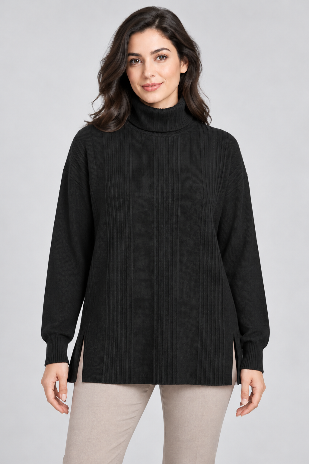  ReServed LABELS women’s black turtleneck sweater in UK 4XL, featuring vertical ribbed detailing, long sleeves, a relaxed fit and side slits.