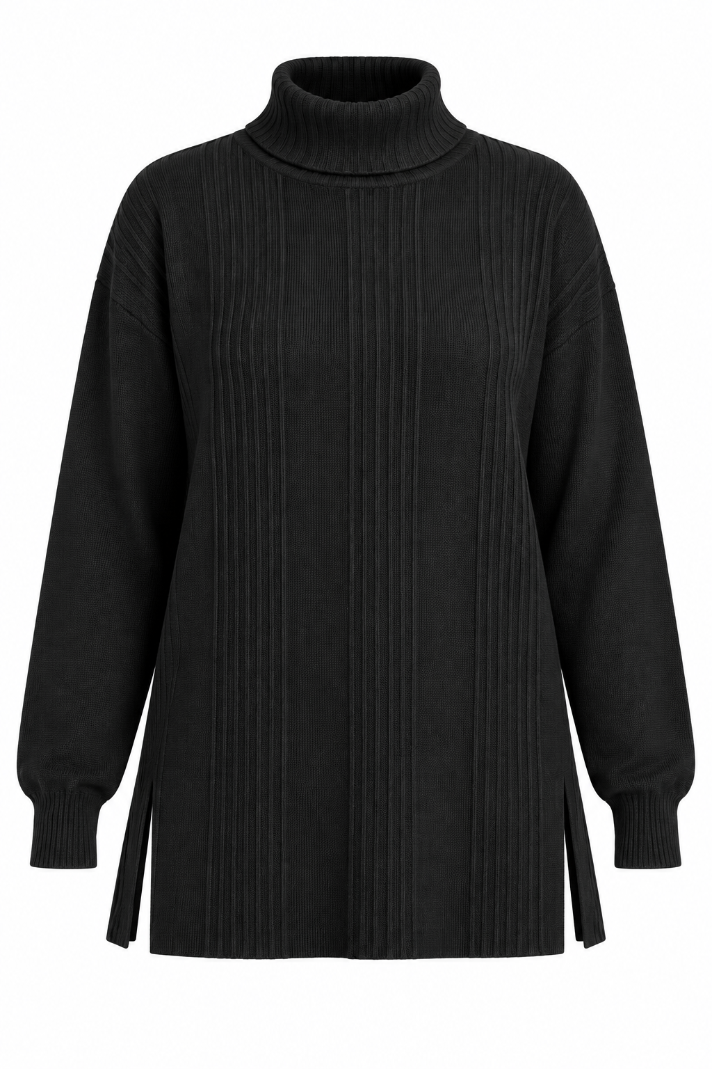  ReServed LABELS women’s black turtleneck sweater in UK 4XL, featuring vertical ribbed detailing, long sleeves, a relaxed fit and side slits.