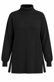  ReServed LABELS women’s black turtleneck sweater in UK 4XL, featuring vertical ribbed detailing, long sleeves, a relaxed fit and side slits.