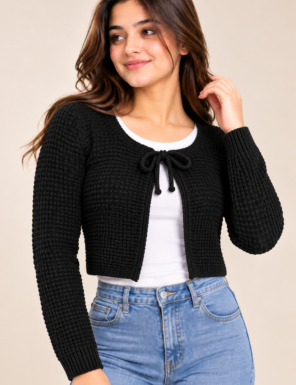  ReServed Labels women’s black textured cropped cardigan in UK Size S, featuring an open front, top lace-tie detail and stylish long sleeves.