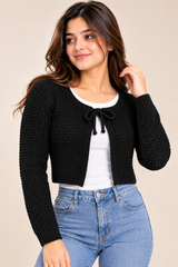 ReServed Labels Women Black Textured Tie-Front Cropped Cardigan