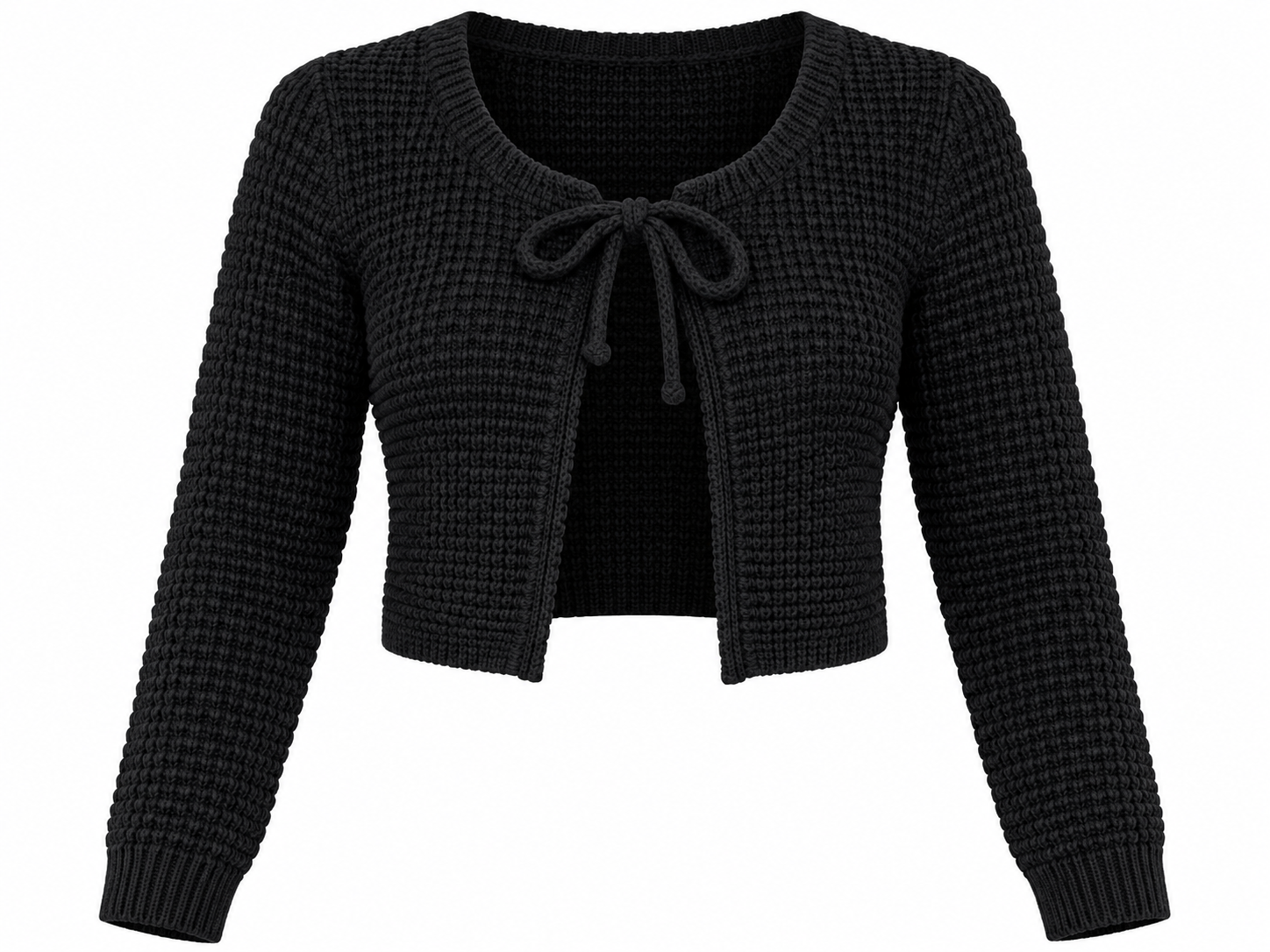  ReServed Labels women’s black textured cropped cardigan in UK Size S, featuring an open front, top lace-tie detail and stylish long sleeves.