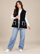 RESERVED LABELS Women Black & White Sleeveless Open-Side Knitted Shawl Cape with Pockets