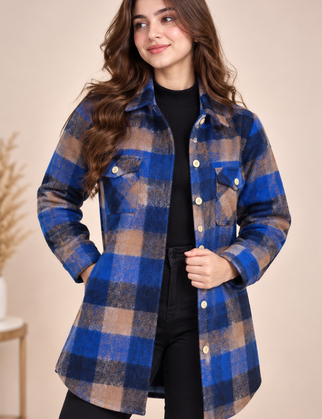  ReServed Labels women’s blue check long coat in UK Size M. Stylish button-front plaid design with long sleeves and chest pockets, perfect for autumn and winter.