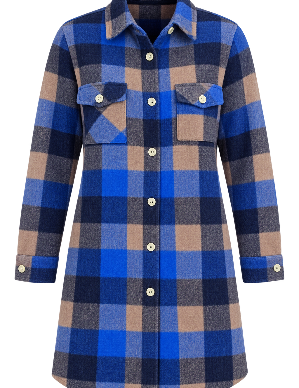 ReServed Labels women’s blue check long coat in UK Size M. Stylish button-front plaid design with long sleeves and chest pockets, perfect for autumn and winter.