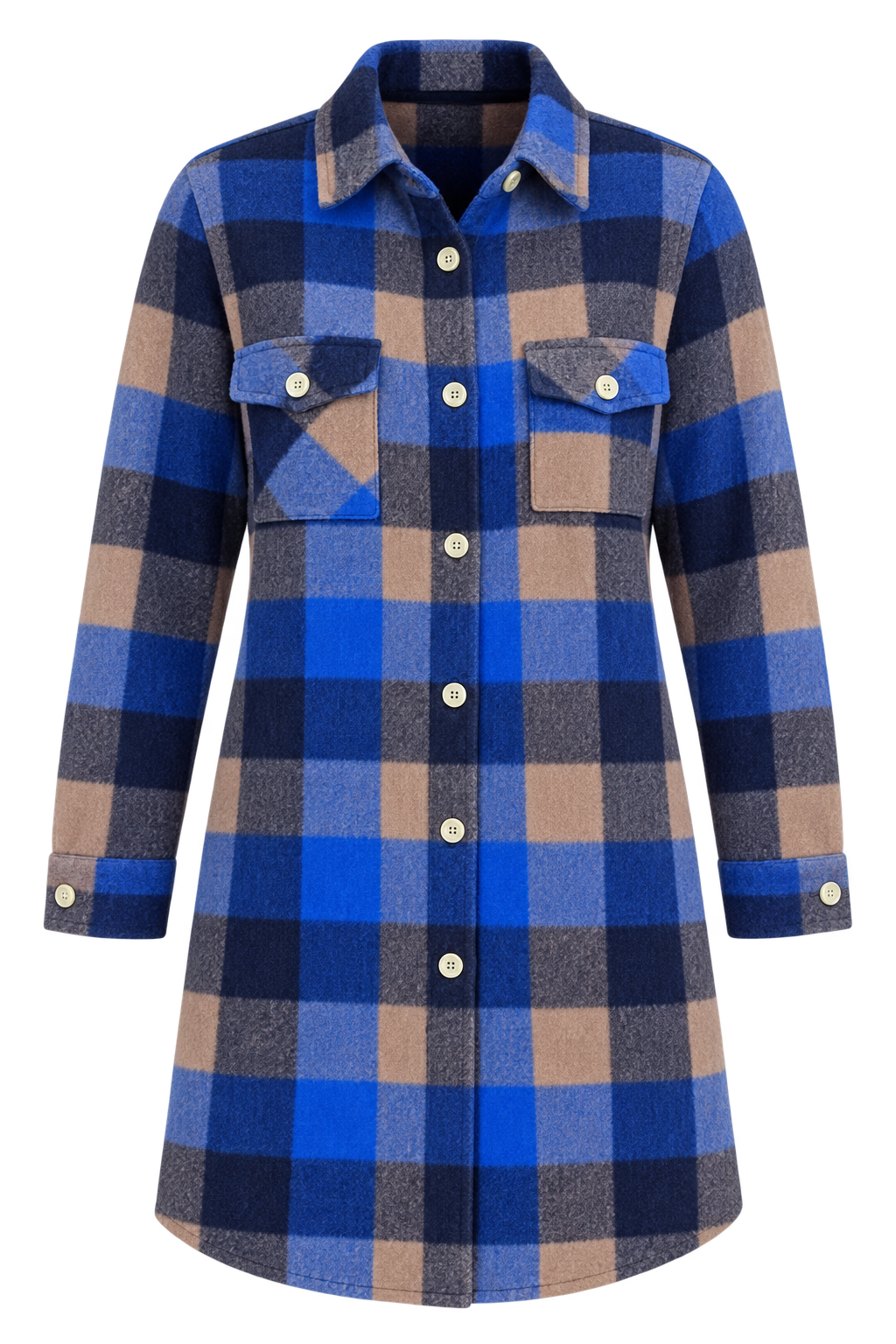 ReServed Labels women’s blue check long coat in UK Size M. Stylish button-front plaid design with long sleeves and chest pockets, perfect for autumn and winter.