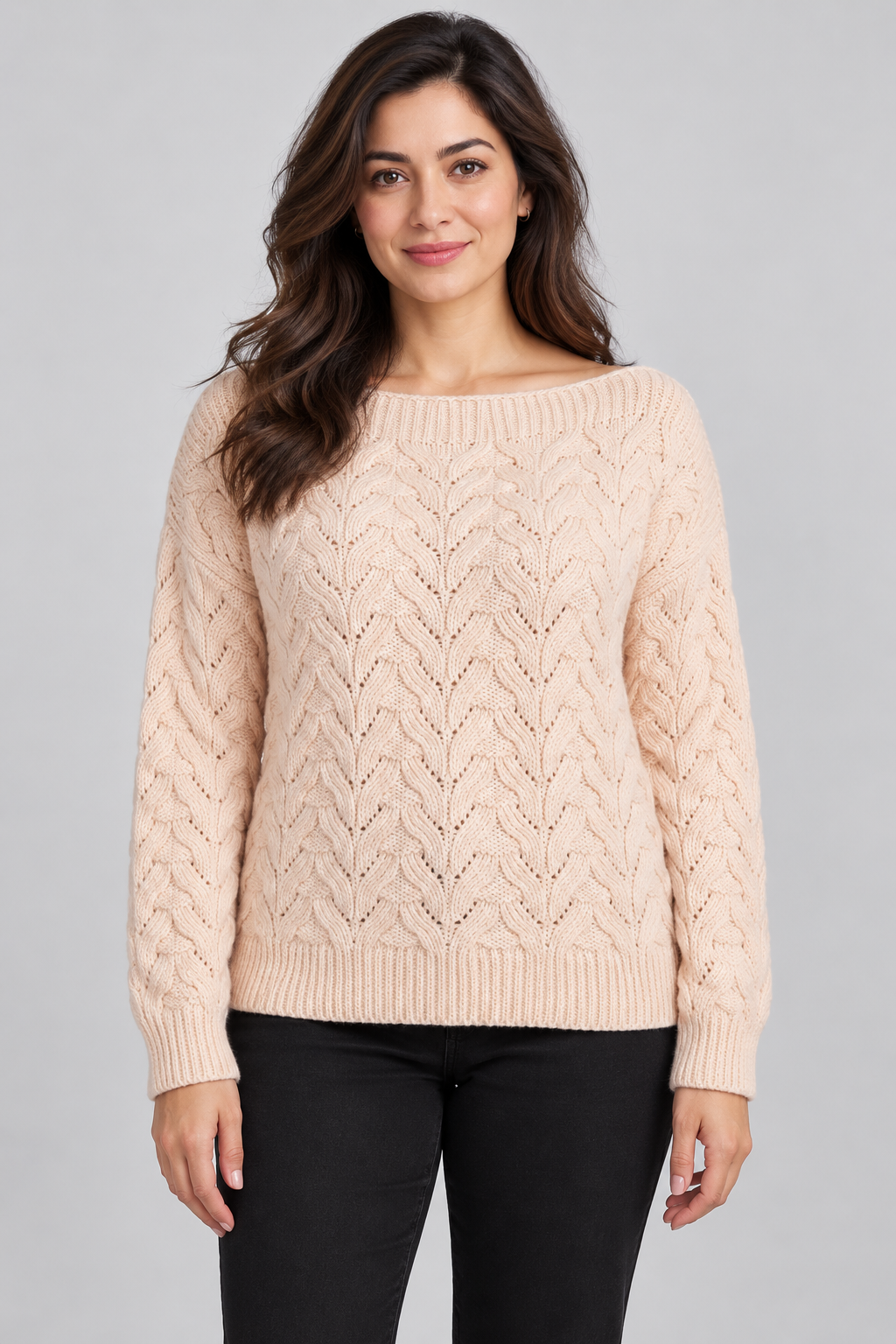   ReServed LABELS women’s blush pink cable knit jumper in UK size M, featuring a boat neck, long sleeves and delicate pointelle detailing.