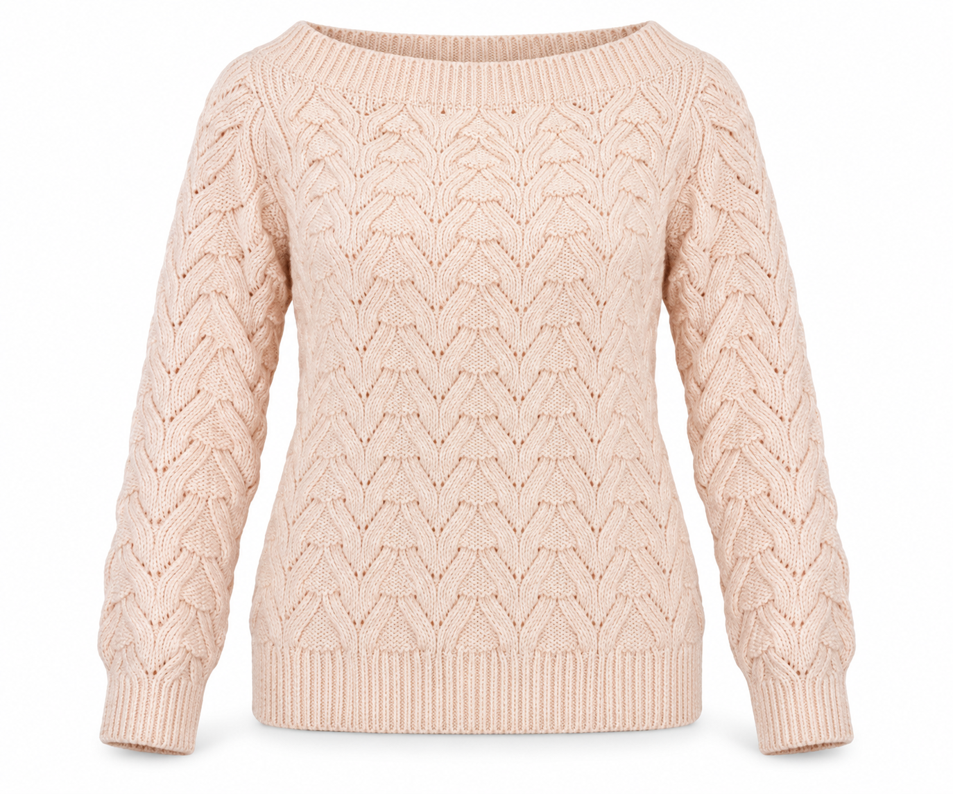   ReServed LABELS women’s blush pink cable knit jumper in UK size M, featuring a boat neck, long sleeves and delicate pointelle detailing.
