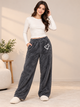 RESERVED LABELS Women Charcoal Grey Fluffy Fleece Wide Leg Lounge Trousers