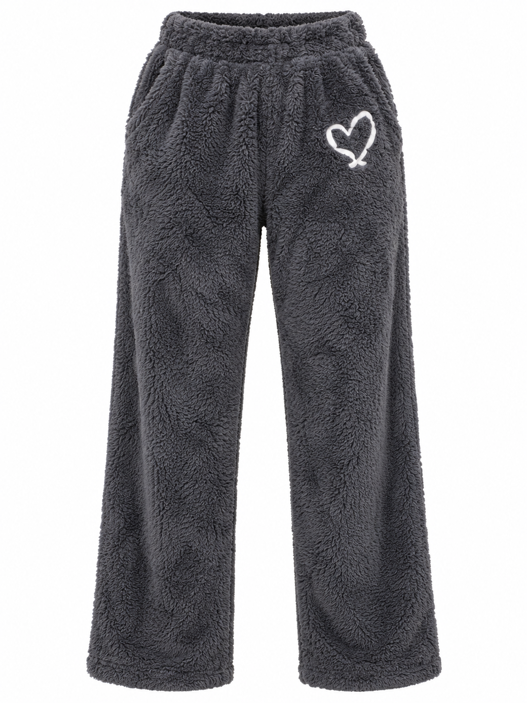 RESERVED LABELS women's charcoal grey fluffy fleece lounge trousers, UK Size S, Waist 24", Length 36". Cosy wide-leg style with cute heart detail.