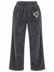 RESERVED LABELS women's charcoal grey fluffy fleece lounge trousers, UK Size S, Waist 24", Length 36". Cosy wide-leg style with cute heart detail.