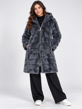 RESERVED LABELS Women Charcoal Grey Hooded Faux Fur Long Coat