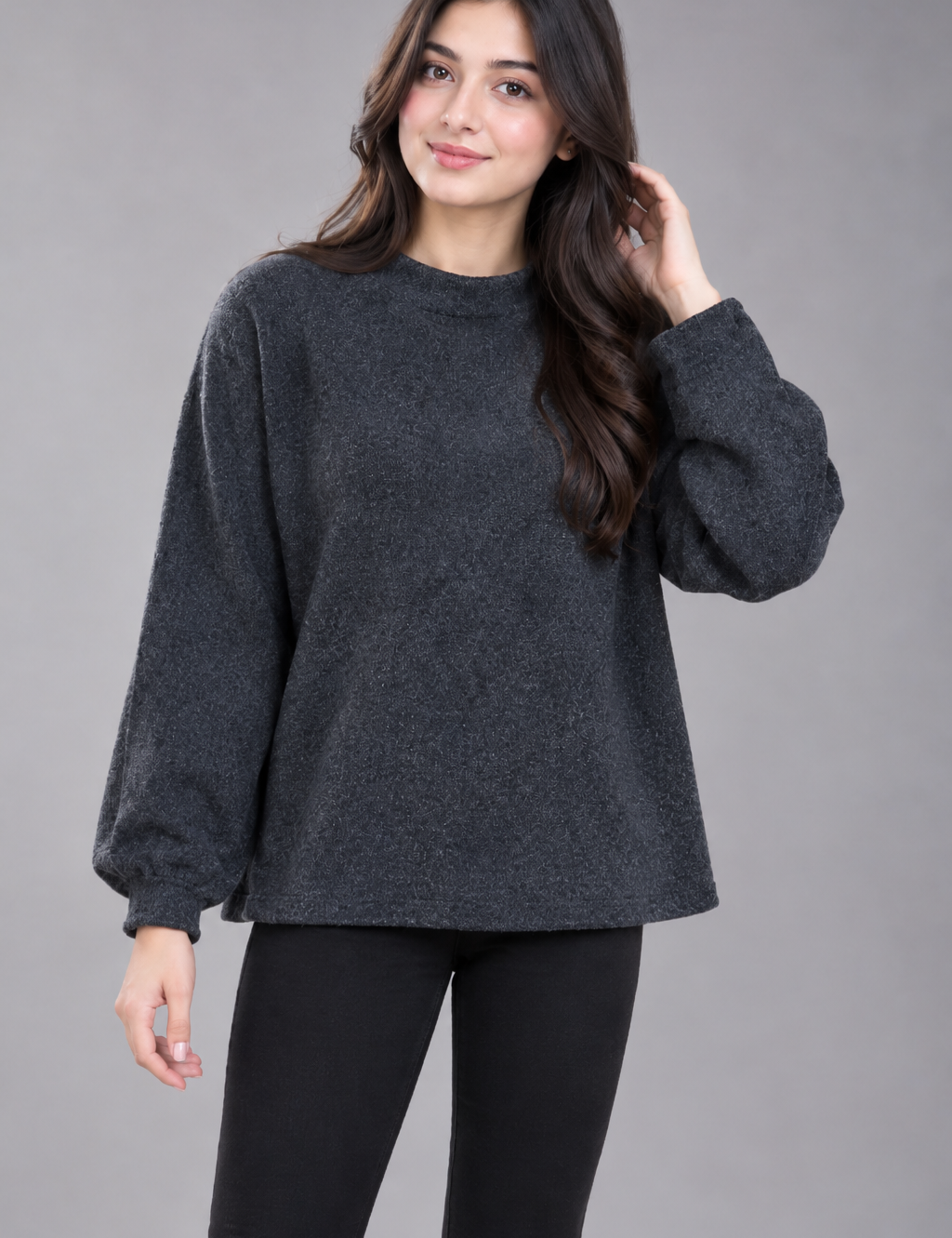 RESERVED LABELS women’s charcoal grey knit tunic top, UK size L. Relaxed fit, long sleeves and soft textured knit, ideal for casual everyday wear.