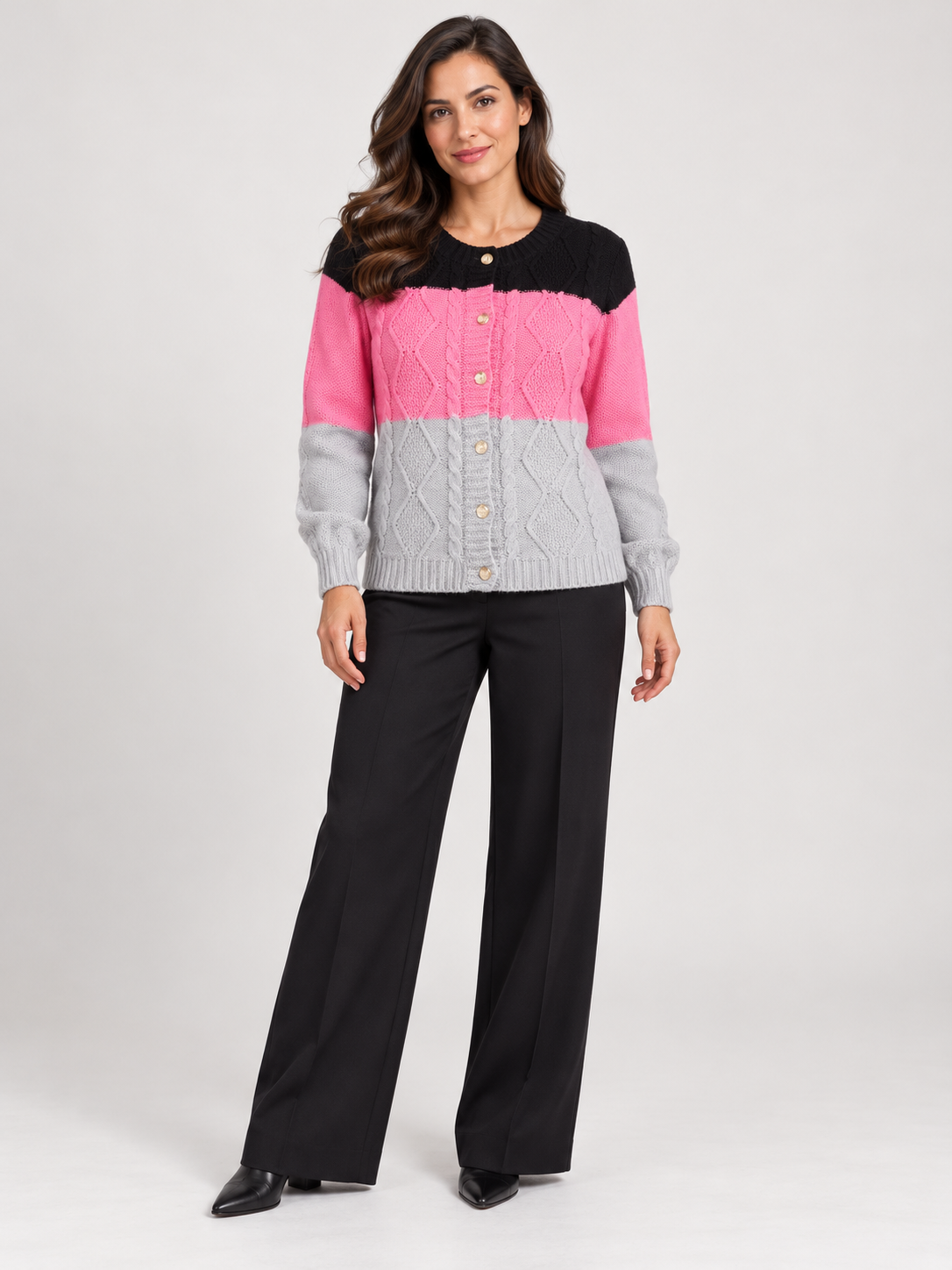  ReServed LABELS women’s colour block cable knit cardigan in UK L. Black, pink and grey knitwear with long sleeves and a button front.