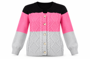   ReServed LABELS women’s colour block cable knit cardigan in UK L. Black, pink and grey knitwear with long sleeves and a button front.