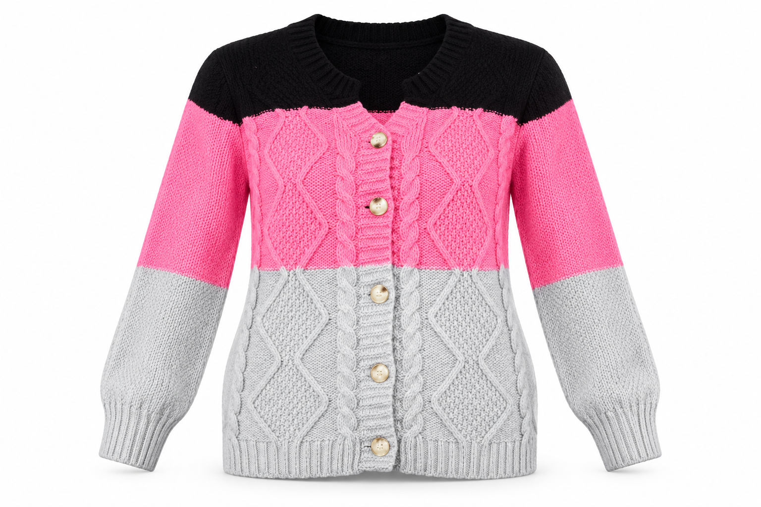   ReServed LABELS women’s colour block cable knit cardigan in UK L. Black, pink and grey knitwear with long sleeves and a button front.