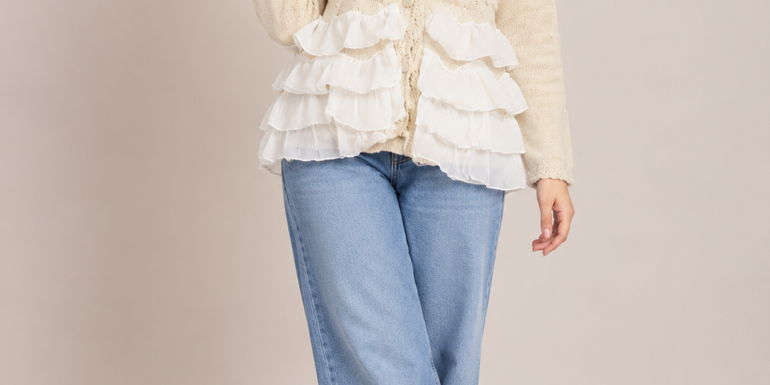 RESERVED LABELS women's cream knit ruffle cardigan in UK XL. Elegant chiffon layers, button front, 20" chest and 21" length. Stylish UK fashion.