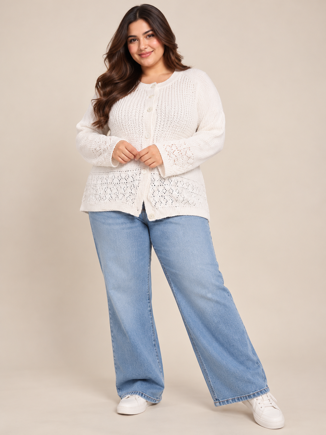 RESERVED LABELS Women's Cream Lace Knit Cardigan in UK 4XL. Chest 50", length 23". Elegant button-front plus-size knitwear for everyday styling.
