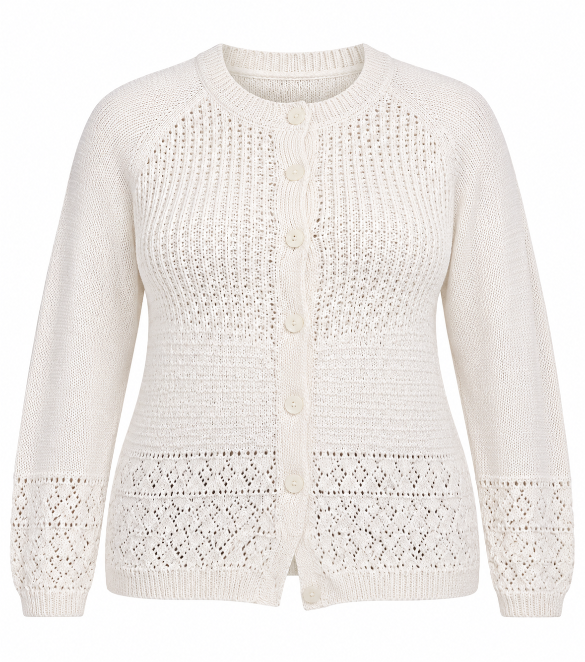 RESERVED LABELS Women's Cream Lace Knit Cardigan in UK 4XL. Chest 50", length 23". Elegant button-front plus-size knitwear for everyday styling.