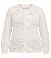 RESERVED LABELS Women's Cream Lace Knit Cardigan in UK 4XL. Chest 50", length 23". Elegant button-front plus-size knitwear for everyday styling.