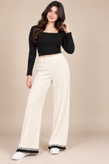 RESERVED LABELS Women Cream Ribbed Wide-Leg Trousers